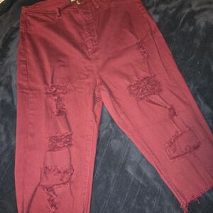 Red Distressed Bermuda Shorts